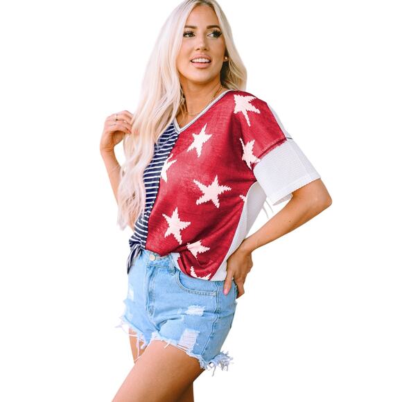 Blue Stripes Stars Print Knit Short Sleeve Patriotic Top New S, L - Picture 10 of 10